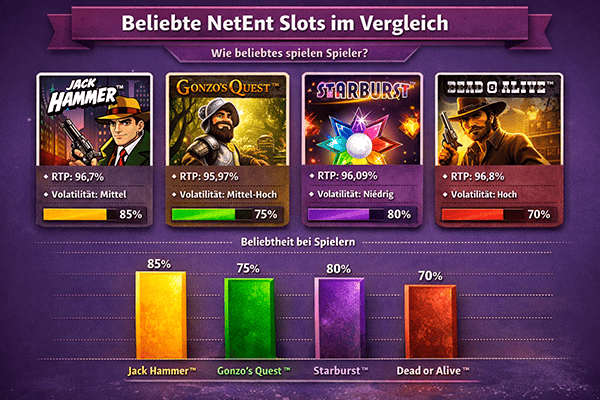Infografik Vergleich beliebter NetEnt Slots mit Jack Hammer RTP und Volatilität
